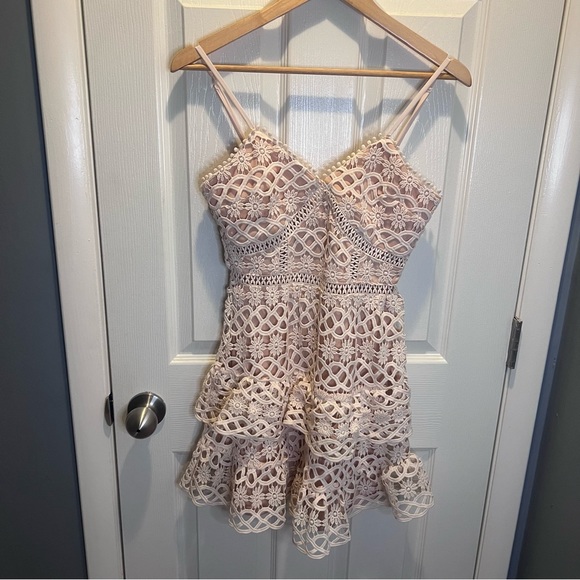 Lulus pale blush lace crotchet ruffle mini sleeveless dress - Picture 4 of 10